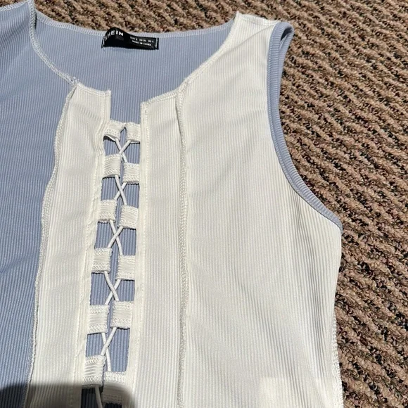 nwot shein blue and white ladder tie front tank crop top - Picture 3 of 4